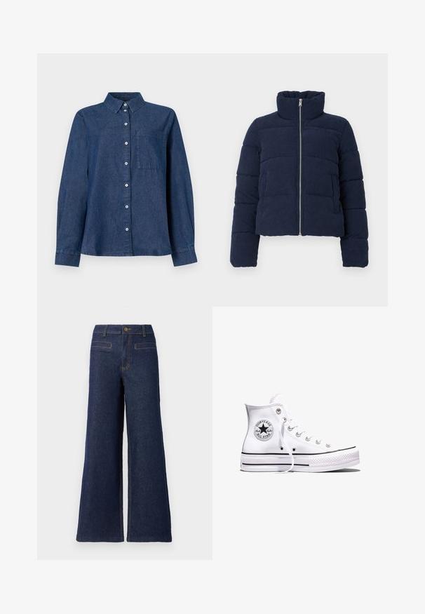 Marineblaues Corduroy-Puffermantel mit hohem Kragen, vollem Frontreißverschluss und langen Ärmeln, entworfen für kaltes Wetter.; Dunkelblaue Denim-Hemd mit langen Ärmeln, Knopfverschluss vorne, spitzen Kragen, einer Brusttasche und Knopfmanschetten.; Verkürzte Jeanshose mit weitem Bein in Dunkelblau, mit hoher Taille, Knopfverschluss und kontrastierenden orangen Nähten. Zwei sichtbare Gesäßtaschen.; Weißer Converse Chuck Taylor All Star High-Top-Sneaker mit schwarzen Streifen und Logo-Patch an der Seite, präsentiert vor einem schlichten weißen Hintergrund.