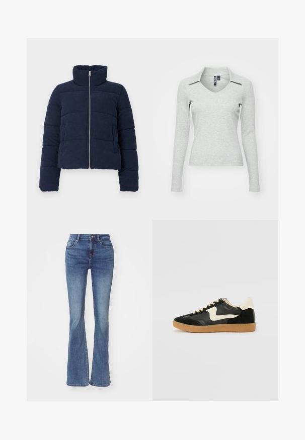 Veste en velours côtelé bleu marine avec un col haut, une fermeture éclair sur toute la longueur et des manches longues, conçue pour les temps froids.; Haut gris clair à manches longues, en V avec col, fabriqué dans un tissu doux et texturé, présentant une coupe ajustée et un minimum de détails.; Jean en denim évasés dans un dégradé de bleu clair à moyen, avec un design à cinq poches, des passants de ceinture et une fermeture à glissière avec bouton en métal.; Baskets en daim et cuir noir avec un swoosh latéral crème et un talon crème clair. Dotées de lacets beige et d'une semelle en caoutchouc gomme.