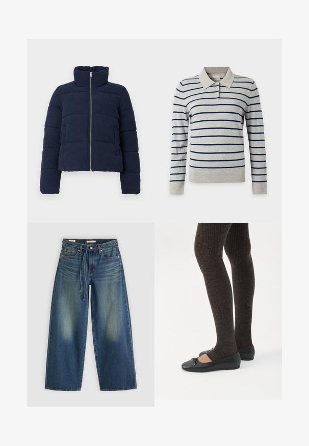 Veste en velours côtelé bleu marine avec un col haut, une fermeture éclair sur toute la longueur et des manches longues, conçue pour les temps froids.; Polo à manches longues avec des rayures horizontales bleu clair et bleu marine foncé sur un tissu gris clair et un col gris avec deux boutons.; Jean large en denim bleu foncé avec un design délavé, présentant une taille avec cordon de serrage et un style à cinq poches.; Jambes portant des leggings côtelés foncés associés à des ballerines noires avec de petits détails en nœud sur fond blanc.