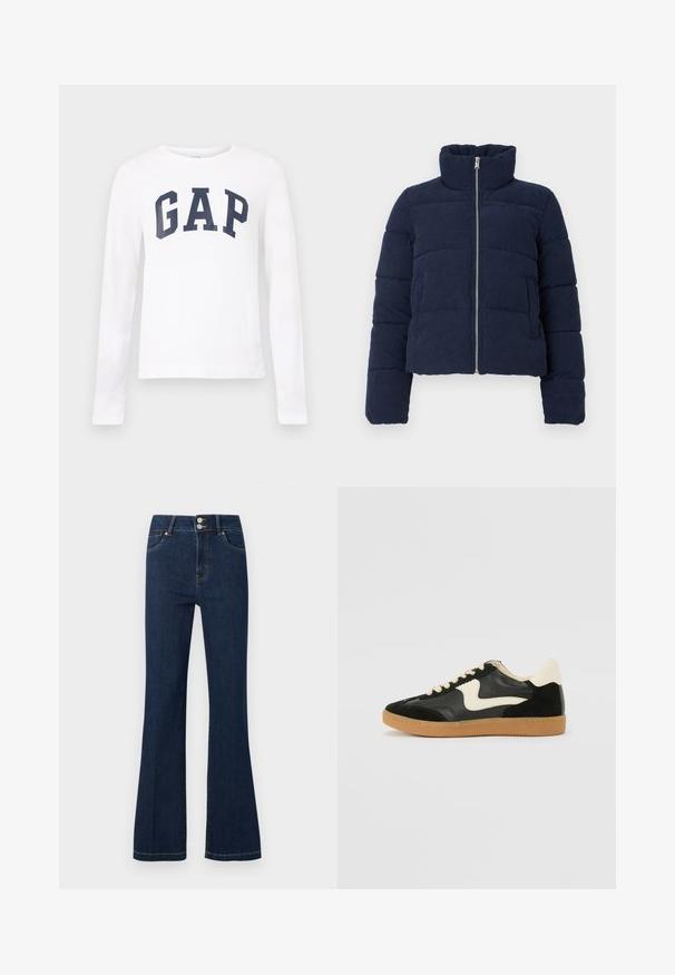 Veste en velours côtelé bleu marine avec un col haut, une fermeture éclair sur toute la longueur et des manches longues, conçue pour les temps froids.; Chemise blanche à manches longues avec encolure ronde et "GAP" imprimé en grandes lettres bleu marine sur la poitrine.; Jean en denim bleu foncé avec taille haute, double bouton de fermeture, poches avant et jambes légèrement évasées.; Baskets en daim et cuir noir avec un swoosh latéral crème et un talon crème clair. Dotées de lacets beige et d'une semelle en caoutchouc gomme.