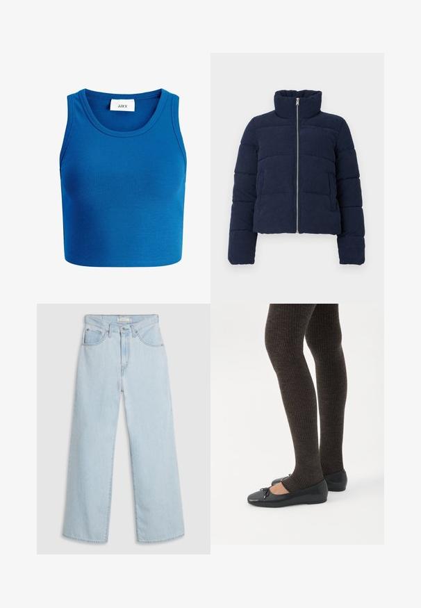 Marineblauwe corduroy pufferjack met hoge kraag, volledige rits aan de voorkant en lange mouwen, ontworpen voor koud weer.; Blauwe geribde crop top met brede halslijn, zonder mouwen ontwerp, en een label met de tekst "JJXX" in het midden van de halslijn.; Lichtblauwe, wijde denim jeans met een hoge taille, voorzien van een knoop- en ritssluiting, dubbele voorzakken en subtiele stikseldetails.; Benen met donkere geribbelde leggings gecombineerd met zwarte ballerina's met kleine strikdetails op een witte achtergrond.