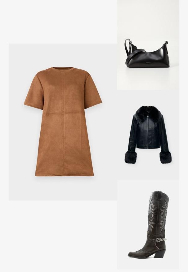 Schwarze Lederjacke mit großem schwarzem Pelzkragen und schwarzen Pelzmanschetten, Frontreißverschluss, vor hellem einfarbigem Hintergrund präsentiert.; Braunes Wildleder-Kleid mit kurzen Ärmeln und Rundhalsausschnitt, mit vertikalen und horizontalen Nahtdetails auf der Vorderseite.; Schwarzer Leder-Cowboystiefel mit dekorativen Ausschnitten, silberner Schnalle und schräger Ferse, auf weißem Hintergrund dargestellt.; Schwarze lederne Handtasche mit glatter Textur. Verfügt über einen verstellbaren Riemen und ein elegantes, minimalistisches Design mit einem Reißverschluss.