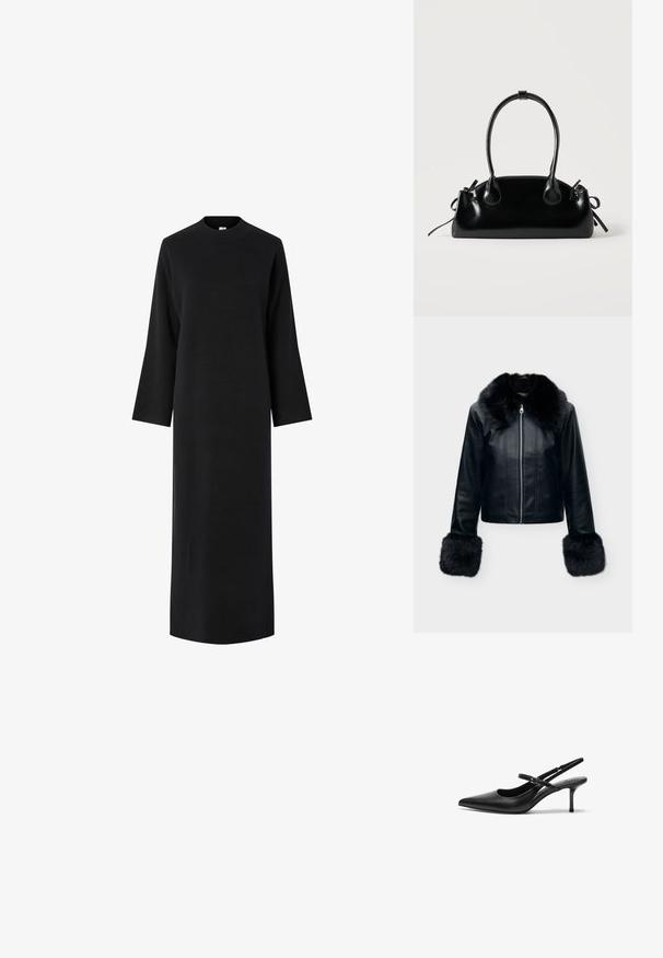 Chaqueta de cuero negra con gran cuello de piel negra y puños de piel negra, cierre frontal con cremallera, expuesta sobre un fondo claro y sencillo.; Vestido negro largo de punto con mangas largas y cuello alto, mostrado sobre un fondo blanco.; Zapatos de tacón slingback de cuero negro con punta afilada, correa ajustable delgada y un tacón de aguja de aproximadamente 5 cm, textura suave.; Pequeño bolso negro brillante con dos asas largas y detalles de cordón lateral sobre un fondo claro liso.