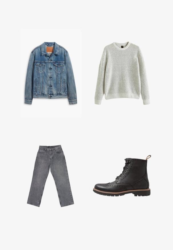 Lyseblå denimjakke med klassisk design, knaplukning, to brystlommer og en lædermærke ved kraven.; Grå strikket trøje med en ribbet rund hals, lange ærmer og løs pasform. Tekstureret mønster, blødt stof samt ribbede manchetter og kant.; High-waist lige ben grå jeans med forlommer, bæltestropper, knaplukning og synlige syninger på hvid baggrund.; Sorte læder ankelstøvler med brogue-detaljer, snørebånd foran og gummisål med tekstureret sål. Brune stikninger fremhæver kanten.