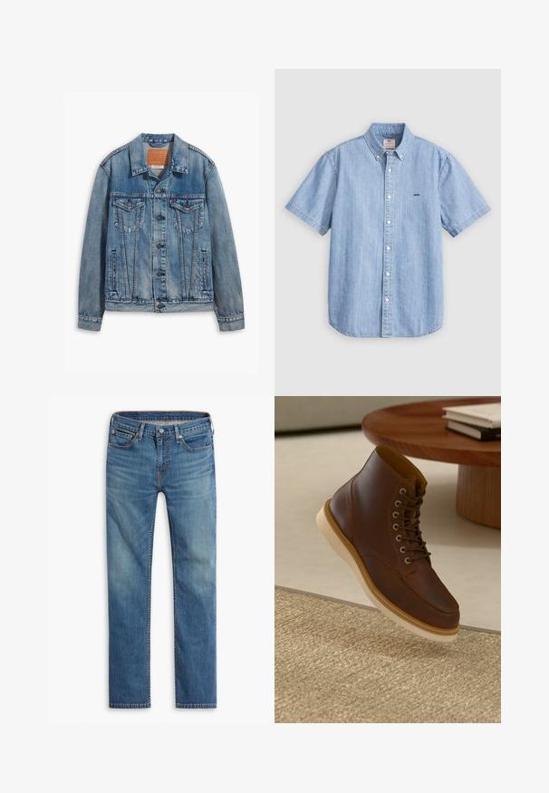 Lyseblå denimjakke med klassisk design, knaplukning, to brystlommer og en lædermærke ved kraven.; Lyseblå denim kortærmet skjorte med knappestolpe og knapper foran, samt en lille logo på venstre bryst. Glat tekstur.; Blå straight-leg denim jeans med frontknap og lynlåslukning, fem-lomme design og subtilt falmede områder på lår og knæ.; Brune læderankelstøvle med beige sål på et struktureret beige tæppe ved siden af et rundt træbord med stakke af bøger.
