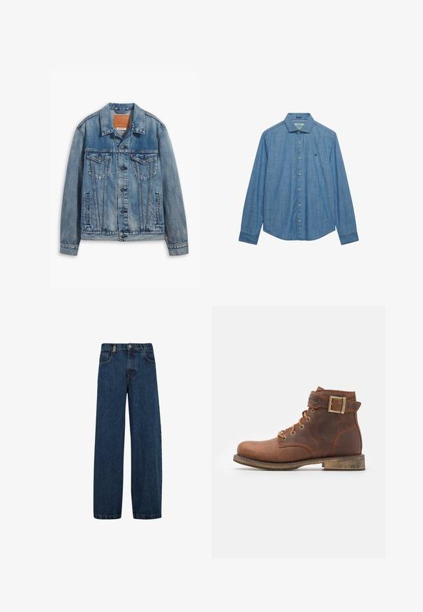 Chaqueta de mezclilla azul clara con un diseño clásico, cierre de botones, dos bolsillos en el pecho y un parche de cuero de la marca en el cuello.; Camisa azul de chambray de manga larga con cuello, siete botones en la parte delantera y un pequeño logo bordado en el pecho izquierdo.; Vaqueros de mezclilla en azul oscuro, con un corte de pierna ancha, diseño de cinco bolsillos y un cierre clásico de botón con cremallera de metal.; Harley Davidson VNTGMOTO SHORT RIDING APPROVED - Botines camperos - brown