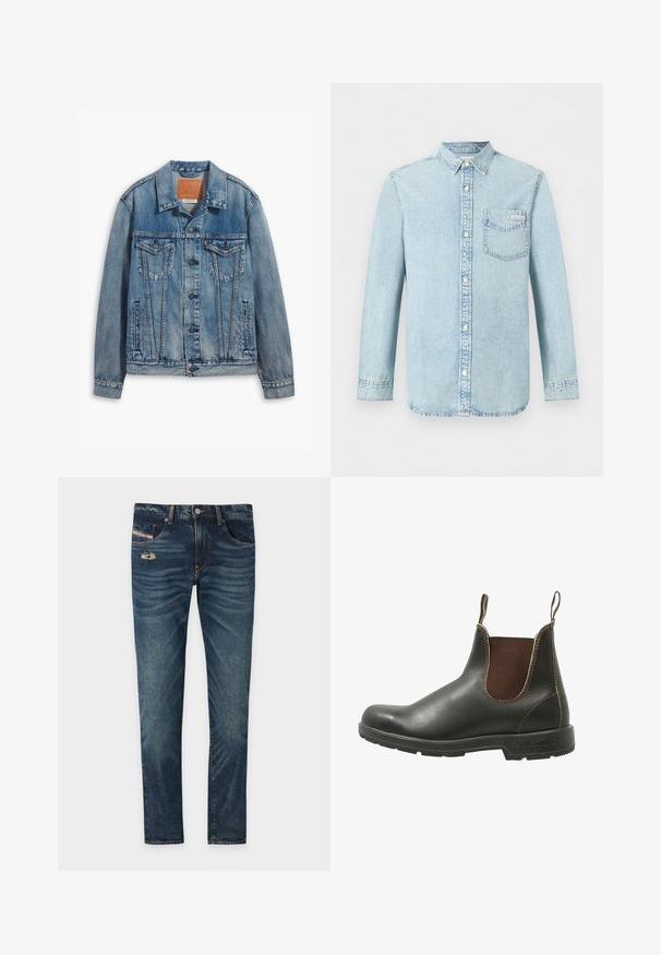 Lyseblå denimjakke med klassisk design, knaplukning, to brystlommer og en lædermærke ved kraven.; Lyseblå denim-skjorte med lange ærmer, knaplukning foran, enkelt brystlomme med Calvin Klein-logo og spids krave.; Mørkeblå denimjeans med en let slidt finish, prydet med en slidtage detalje foran og fem lommer, herunder en lille møntlomme.; Chelsea støvle lavet af glat sort læder med brune elastiske sidepaneler, kontrastsyet, og en struktureret gummisål.