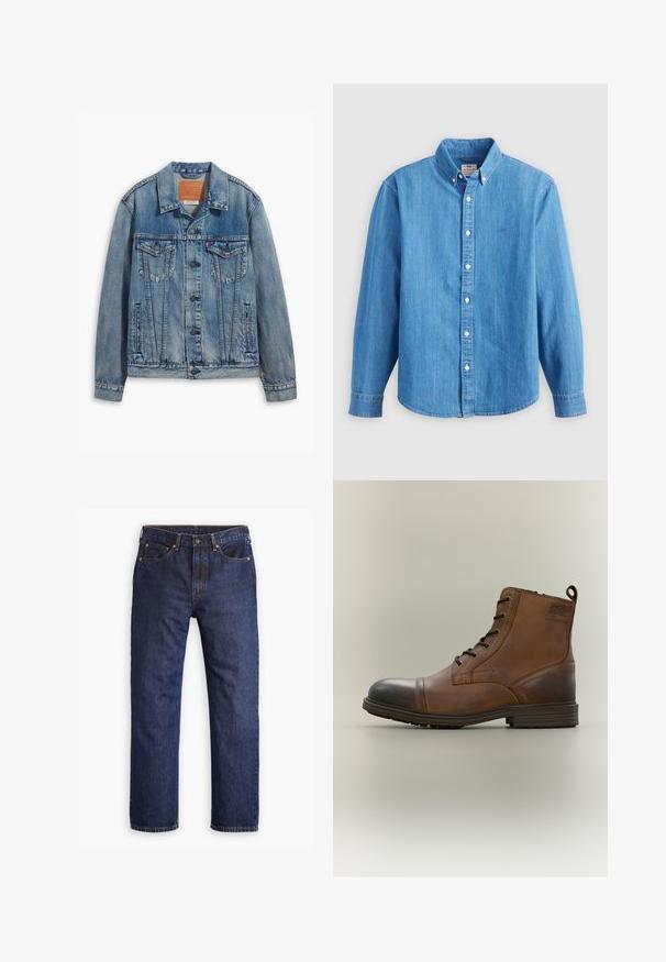 Lyseblå denimjakke med klassisk design, knaplukning, to brystlommer og en lædermærke ved kraven.; Lyseblå denimskjorte med lange ærmer, knap-ned krave og hvide knapper. Har et lille broderet logo på brystet.; Mørkeblå straight-leg denim jeans med frontknap, lynlås, fem lommer og detaljer i kobbernitter.; Brun læderstøvle med snørebånd, sort tåhætte, rund sål og mærket detalje på siden mod ensfarvet baggrund.