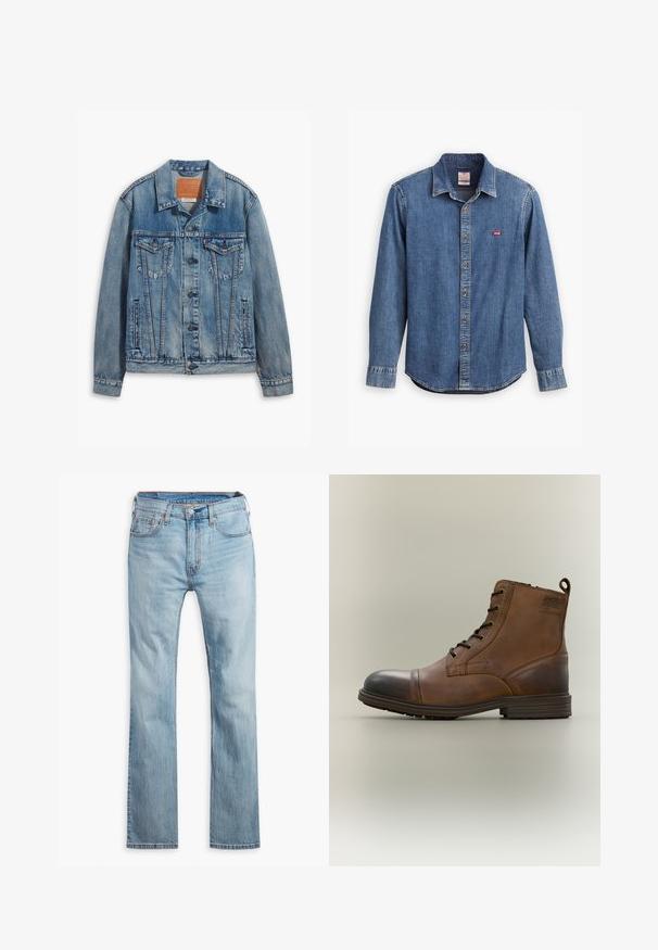 Lyseblå denimjakke med klassisk design, knaplukning, to brystlommer og en lædermærke ved kraven.; Denimskjorte i mørkeblå med skjortekrave, lange ærmer, stikninger og et lille rødt logo på brystlommen.; Lyseblå denim jeans, lige pasform, med fem lommer, kontrastsyning og knaplukning i taljen.; Brun læderstøvle med snørebånd, sort tåhætte, rund sål og mærket detalje på siden mod ensfarvet baggrund.