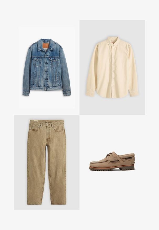Lyseblå denimjakke med klassisk design, knaplukning, to brystlommer og en lædermærke ved kraven.; Langærmet beige skjorte med knapper og krave, lagt fladt med knapperne lukket og manchetterne knappede på en lys baggrund.; Beige denimjeans med en afslappet pasform, fem-lomme design, synlige sømme og en let falmet tekstur; knap- og lynlås lukning.; Beige ruskind bådsko med snørebånd, robust sål, lædersnører og polstret krave, der viser Timberland-logoet på siden.