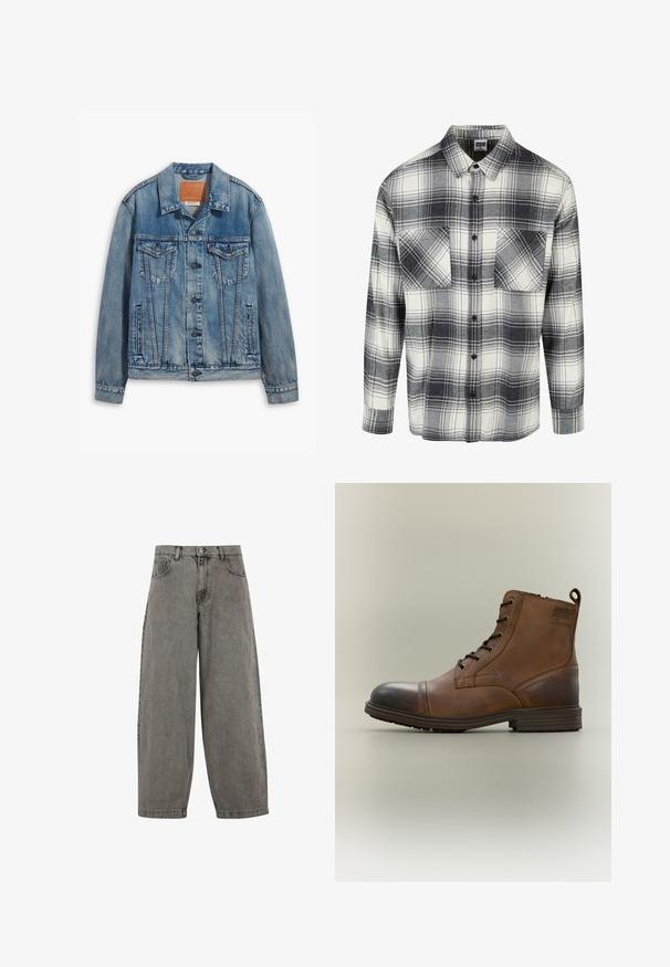Lyseblå denimjakke med klassisk design, knaplukning, to brystlommer og en lædermærke ved kraven.; Flannel skjorte i sort, hvid og grå ternet mønster. Har to forlommer, knaplukning og lange ærmer med knapmanchetter.; Grå denim bukser med høj talje, brede ben, klassisk fem-lomme design og knaplukning foran. Let struktureret finish.; Brun læderstøvle med snørebånd, sort tåhætte, rund sål og mærket detalje på siden mod ensfarvet baggrund.
