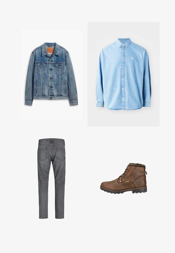 Lyseblå denimjakke med klassisk design, knaplukning, to brystlommer og en lædermærke ved kraven.; Lysel blå denim skjorte med knapper og lange ærmer, spids krave og et lille logo på venstre bryst. Har en afslappet pasform og klassisk design.; Mørkegrå denim jeans med lige ben set bagfra med to baglommer og synlige syninger langs sømmene.; Brune læder ankelstøvle med afrundet tå, snørebåndsdesign, polstret krave og tekstureret gummisål. Har logo og metal-accenter.