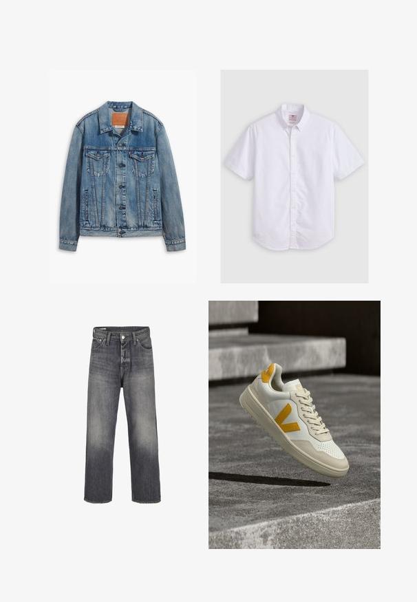 Lyseblå denimjakke med klassisk design, knaplukning, to brystlommer og en lædermærke ved kraven.; Kortærmet hvid skjorte i bomuld, med krave der kan knappes ned, subtil tekstur, buet kant og traditionel knaplukning.; Jeans i denim i en falmet sort farve, med lige ben-design, fem lommer og metalknaplukning i taljen.; Hvid og beige sneaker med gule accenter og en "V"-logo, svævende over en tekstureret grå stenovertflade med betontrin i baggrunden.