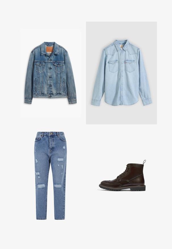 Lyseblå denimjakke med klassisk design, knaplukning, to brystlommer og en lædermærke ved kraven.; Lyseblå denimskjorte med lange ærmer, knapper foran, to brystlommer med knapflap og spids krave på ensfarvet baggrund.; Lys blå denimjeans med høj talje, lige ben og distressed design, der har huller og flagrende kanter overalt.; Brune læder snørestøvle med brogue-design, tekstureret overdel, gummisål og træksløjfe. Robust konstruktion med detaljerede udsmykninger.