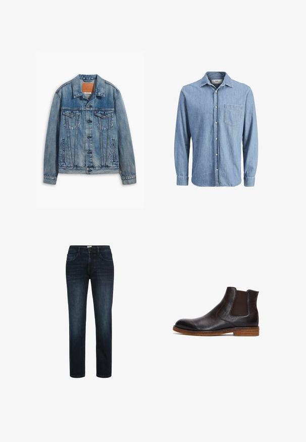 Lyseblå denimjakke med klassisk design, knaplukning, to brystlommer og en lædermærke ved kraven.; Lysblå denimskjorte med knap-ned krave, lange ærmer, enkelt brystlomme og broderet logo på lommen.; Mørk vaskede denimjeans med lige ben, der har fem lommer, knaplukning og subtil fading langs lårene.; Brune læder Chelsea støvle med en tekstureret overdel, elastiske sidepaneler og en stablet træhælt. Glat tåområde med afrundet form.