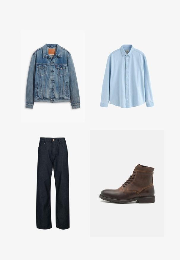 Lyseblå denimjakke med klassisk design, knaplukning, to brystlommer og en lædermærke ved kraven.; Lyseblå denimskjorte med lange ærmer, knapper og krave, medium størrelse, vist mod en hvid baggrund.; Mørkeblå denim jeans med lige pasform, der har knaplukning, fem lommer og kontrastsyninger på sømmene.; Jack & Jones JFWDELANEY BOOT - Snørestøvletter - cognac