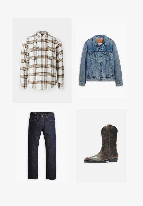 Chaqueta de mezclilla azul clara con un diseño clásico, cierre de botones, dos bolsillos en el pecho y un parche de cuero de la marca en el cuello.; Lee CLEAN WESTERN - Camisa - ecru ochre plaid; Jeans de mezclilla azul oscuro con un diseño de pierna recta, costuras naranjas y estilo de cinco bolsillos con cierre de botón metálico.; Bota de cowboy de cuero marrón con un caña alta, puntera puntiaguda, patrones de costura intrincados y un tacón pequeño. Acabado texturizado en toda la bota.