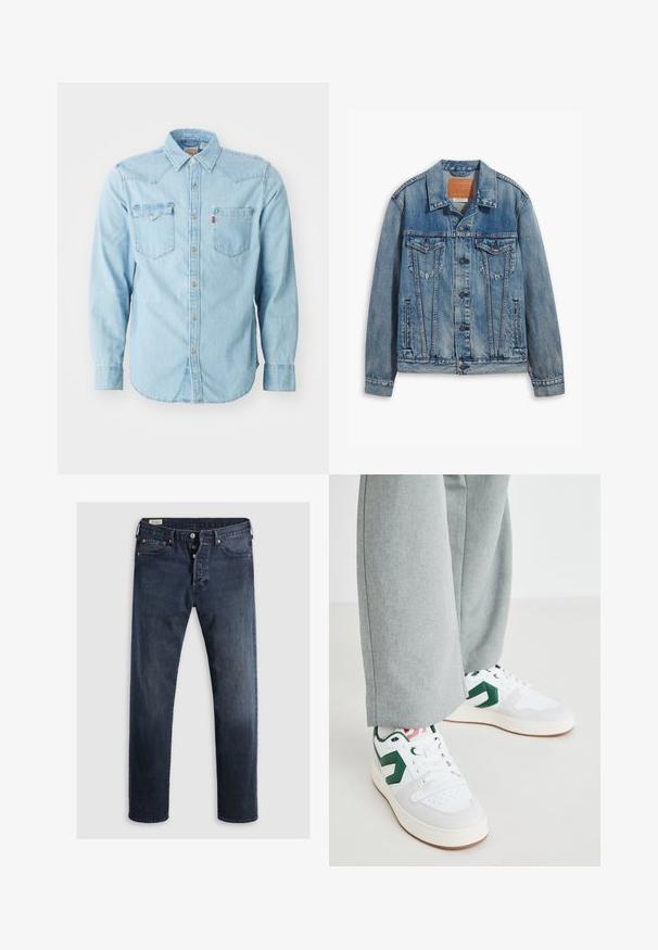 Lyseblå denimjakke med klassisk design, knaplukning, to brystlommer og en lædermærke ved kraven.; Lys blå denim skjorte med lange ærmer, spids krave, to brystlommer, sølvnapsknapper og kontrastsyninger. Glat tekstur.; Mørkeblue denimjeans med lige ben, der har lynlås i fly, metalknapper og kobbernitter. Glat tekstur, ingen synlige mønstre.; Hvide og grønne sneakers med glat læder og ruskindsmaterialer, der har en fremtrædende grøn logo-accents og hvide snørebånd. Grå bukser er delvist synlige.