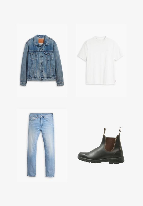Lyseblå denimjakke med klassisk design, knaplukning, to brystlommer og en lædermærke ved kraven.; Hvid t-shirt i bomuld med korte ærmer, rund halsudskæring og en diskret "Levi's"-logo trykt i lyse farver på forsiden.; Lyseblå denimjeans med lige snit, fem lommer og knaplukning. Har subtilt slid og orange syninger som detaljer.; Chelsea støvle lavet af glat sort læder med brune elastiske sidepaneler, kontrastsyet, og en struktureret gummisål.