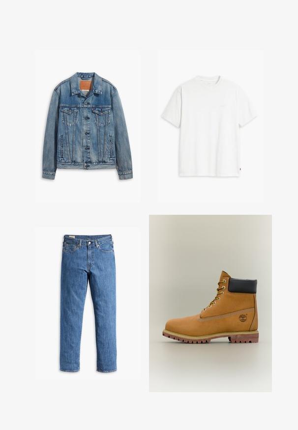 Lyseblå denimjakke med klassisk design, knaplukning, to brystlommer og en lædermærke ved kraven.; Hvid t-shirt i bomuld med korte ærmer, rund halsudskæring og en diskret "Levi's"-logo trykt i lyse farver på forsiden.; Blå denimjeans med lige ben, kobbernitter og fem-lomme design. Har en syet kant og et klassisk taljebånd med bæltestropper.; Brun læderankelstøvle med sort krave, gule snørebånd og tanfarvet sål. Har logo og hvide syninger som detalje. Robust ydersål med greb.