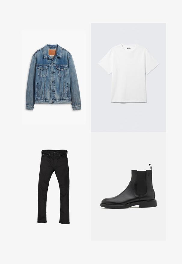 Lyseblå denimjakke med klassisk design, knaplukning, to brystlommer og en lædermærke ved kraven.; Hvid kortærmet crewneck T-shirt lagt fladt ud, ensfarvet design, med "WEEKDAY" mærkat inde i kraven på en lys baggrund.; Sorte slim-fit jeans med fem lommer og knaplukning, præsenteret fladt på en hvid baggrund.; Sort læder ankelstøvle med glat overflade, elastiske sidepaneler og en trækstrop. Rund tå og flad gummisål med minimal mønster.