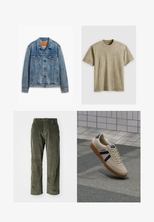 Lyseblå denimjakke med klassisk design, knaplukning, to brystlommer og en lædermærke ved kraven.; Lysbrun, kortærmet t-shirt med rund hals, lavet af blødt stof. Har et lille, broderet logo på brystet.; Olivengrønne fløjlsbukser med lodrette ribber, der har knaplukning og lige ben. Blød tekstur med en klassisk pasform.; Beige sneaker med struktureret overflade, marineblå striber og gummisål. Har en polstret tunge og traditionelt snørresystem for en sikker pasform.