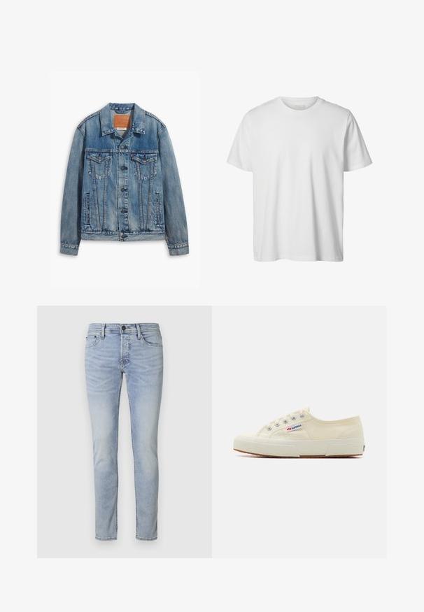 Lyseblå denimjakke med klassisk design, knaplukning, to brystlommer og en lædermærke ved kraven.; Enkelt hvid T-shirt med korte ærmer og rund hals, løs pasform og uden synlige logoer eller designs foran.; Lyseblå denimjeans med slim fit, femlommesdesign og lynlås. Har subtil fading og syet detaljering langs sømmene.; Beige lærredssneaker med et lavprofildesign, metaløjet og gummisål. Har et tekstureret mønster og logodetalje på siden.