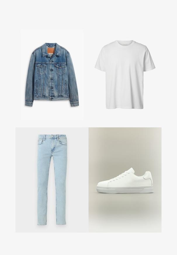 Lyseblå denimjakke med klassisk design, knaplukning, to brystlommer og en lædermærke ved kraven.; Enkelt hvid T-shirt med korte ærmer og rund hals, løs pasform og uden synlige logoer eller designs foran.; Lyseblå denimjeans med lige ben, der har fem lommer, diskret falmning og klassiske syningsdetaljer.; Hvid lavtop sneaker med snørelukning foran, polstret krave og tekstureret gummisål, vist i sidelayout på neutral baggrund.