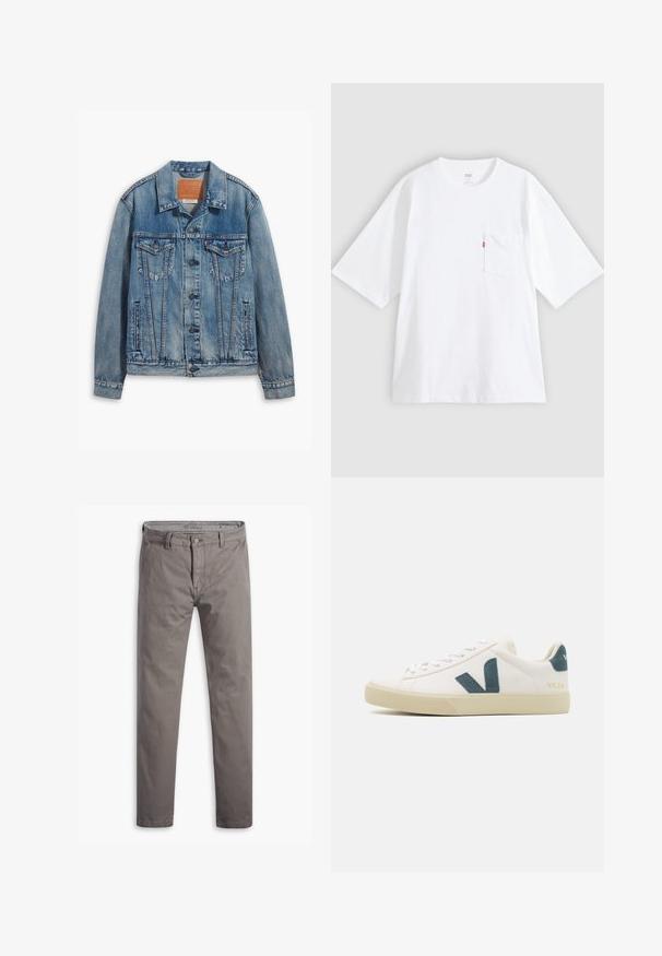 Lyseblå denimjakke med klassisk design, knaplukning, to brystlommer og en lædermærke ved kraven.; Hvid bomulds-T-shirt med korte ærmer, rund hals og lomme på venstre bryst. Har en lille rød logoetiket på lommen.; Grå chinos med en glat tekstur, lige ben, standard fem-lomme stil og en metalknap i taljen.; Hvide lædersneakers med et teal suede-logo, rund tå, snørebåndsdesign og gummisål med struktureret detaljering. Mærkenavnet "VEJA" i guld.