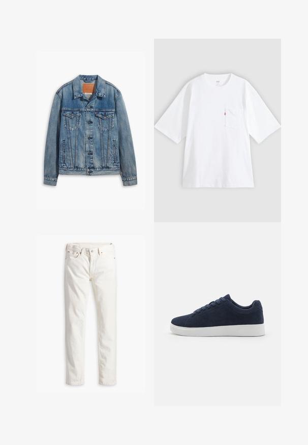 Helle blaue Jeansjacke mit klassischem Design, Knopfverschluss, zwei Brusttaschen und einem Leder-Logo-Patch am Kragen.; Weißes Baumwoll-T-Shirt mit kurzen Ärmeln, rundem Ausschnitt und Brusttasche auf der linken Seite. Mit kleinem rotem Logotag an der Tasche.; Weiße Jeans im geraden Schnitt, fünf Taschen, Kupferknopf und Nieten sowie einem dezent strukturierten Stoff. Keine sichtbaren Muster.; Navy Suede Sneakers mit runder Zehenpartie, weißer Gummisohle und sechs Schnürösen. Glatte Textur und minimalistisches Design. Seitenansicht gezeigt.