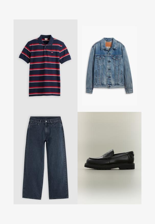 Lyseblå denimjakke med klassisk design, knaplukning, to brystlommer og en lædermærke ved kraven.; Marineblå polo-shirt med røde og hvide vandrette striber, tre-knaps placket og lille Levi's logo på brystet. Blødt bomuldsstof.; Mørkeblå jeans med vidde i benene, fem lommer, bæltestropper, knaplukning og lynlås, lagt fladt på en lys baggrund.; Sort læderloafer med en tyk gummisål, penny remdetalje og syning på mokkatoe-designet mod en neutral baggrund.