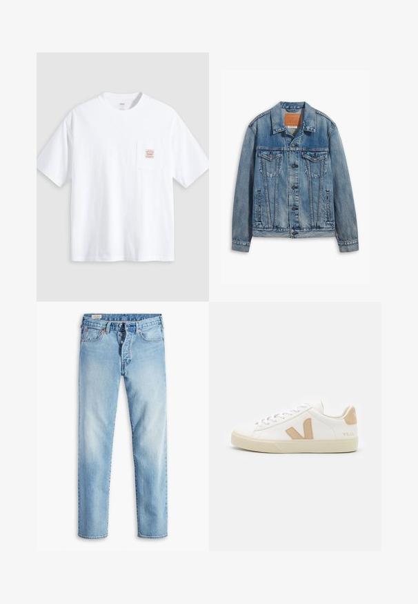 Lyseblå denimjakke med klassisk design, knaplukning, to brystlommer og en lædermærke ved kraven.; Hvid T-shirt med korte ærmer og rund hals med en lille lomme på brystet med en beige og rød rektangulær label.; Lyseblå denimjeans med lige ben, der har fem lommer, bæltestropper og lukning med knapper.; Hvide sneakers med beige detaljer, glat lædermateriale, rund tå, flad gummisål og snørebånd foran med et logo på hælen.