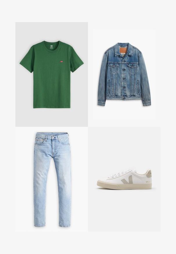 Lyseblå denimjakke med klassisk design, knaplukning, to brystlommer og en lædermærke ved kraven.; Grøn bomulds t-shirt med rund hals, korte ærmer og et lille rødt Levi's-logo på venstre bryst. Blød tekstur, standard pasform.; Lyseblå denim jeans med lige snit, fem lommer og orange syninger, med en knap- og lynlås lukning.; Hvide lædersneakers med beige detaljer, flad gummisål, rund tå og kontrasterende logo på siden og bagsiden. Snørebåndsdesign.