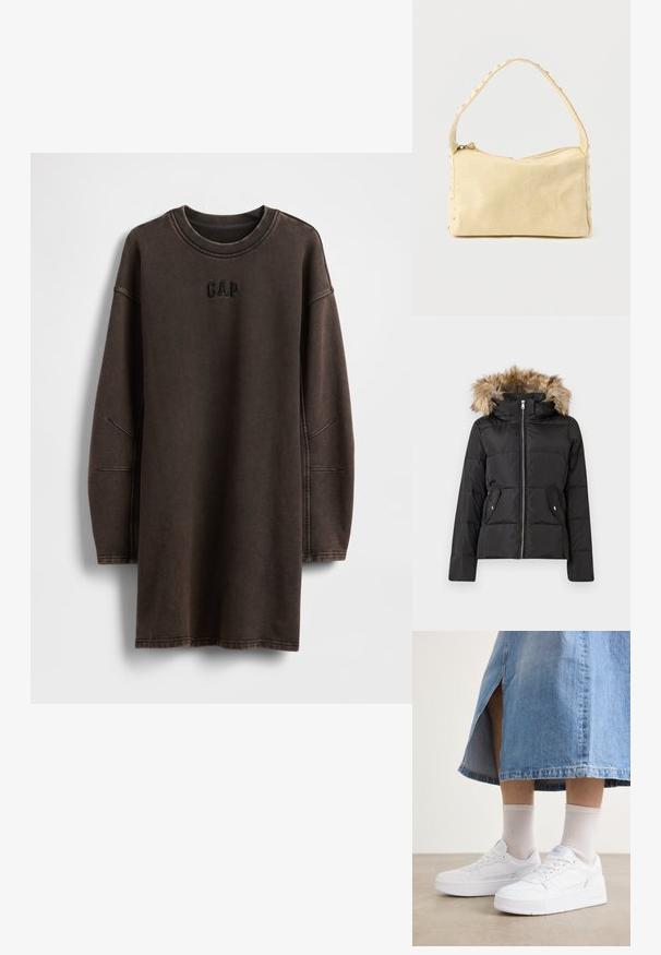 Zwarte pufferjack met een voorrits, twee knoopsluiting zakken en een capuchon afgewerkt met bruine nepbont.; Bruine oversized sweatshirtjurk gemaakt van zacht materiaal, met een ronde halslijn en een geborduurd "GAP"-logo op de borst.; Witte sneakers van textiel leer, met een platformzool, ronde neus en vetersluiting; gecombineerd met lichtgrijze crew-sokken en een spijkerrok.; Kleine beige leren handtas met een enkele band en zilveren studs langs de randen en band, tegen een effen achtergrond.