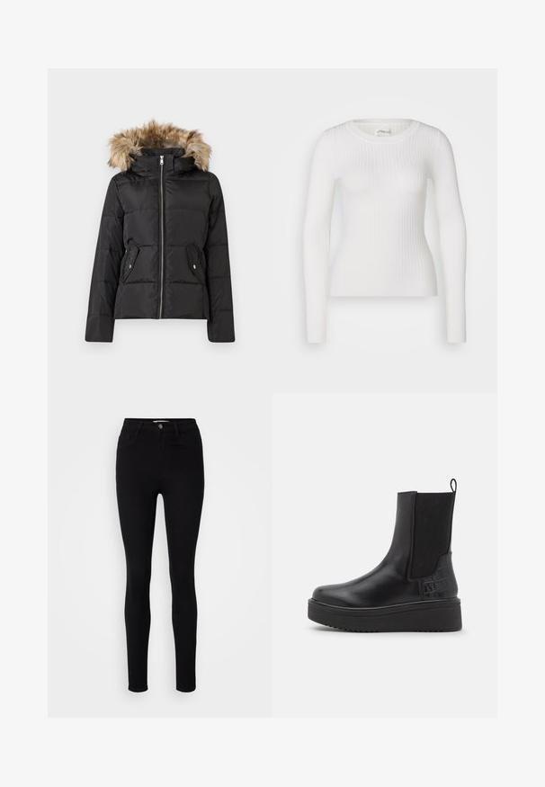 Schwarze Daunenjacke mit Frontreißverschluss, zwei Druckknopf-Taschen und Kapuze mit braunem Kunstpelzbesatz.; Weißes langärmliges Rippoberteil mit rundem Halsausschnitt. Der Stoff ist glatt, mit einer subtilen Textur und einer figurbetonten Passform. Keine sichtbaren Beschläge oder Muster.; Schwarze, hoch taillierte Skinny Jeans aus Denim. Verfügt über fünf Taschen und einen metallischen Knopfverschluss vorne. Glatte Textur mit figurnahem Design.; Schwarze Leder-Stiefeletten mit elastischen Seitenpaneelen, strukturierten Akzenten im Krokodilsmuster, kräftiger Plattformsohle und Ziehschlaufe.