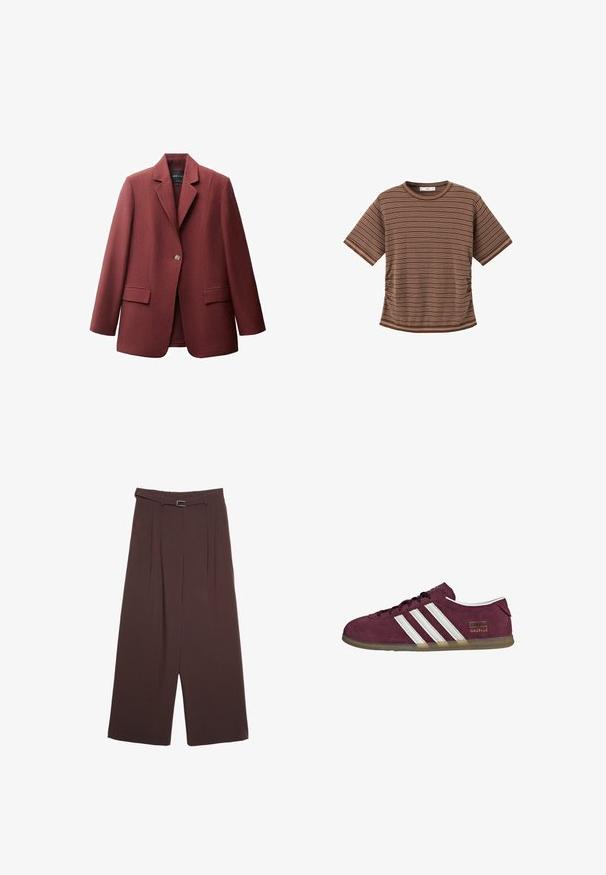 Bordeaux blazer med spids krave, enkelt knaplukning og to frontlommer. Fremstillet af et glat, struktureret stof.; Brun t-shirt med korte ærmer med tynde, hvide, vandrette striber og rund halsudskæring på hvid baggrund.; Stradivarius SMART WIDE-LEG WITH BUCKLE DETAIL - Bukser - dark brown; Vinrød ruskindssneaker med hvide stribede detaljer, rund tå og en gumgummisål. Har et logo-mærke på ydersiden.
