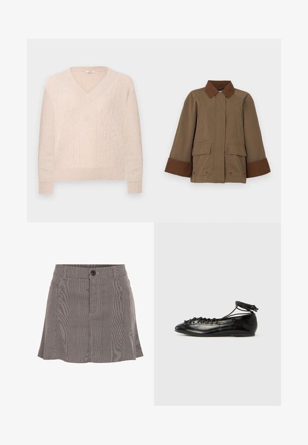 Brun jakke med en manchet og krave i kordsbomuld, forlommer og et design med lige skæring. Fremstillet af tekstureret stof med åben front.; Lys beige strikket sweater med V-hals, ribbede manchetter og kant, med diskrete vertikale blomster kabelstrik mønstre på forsiden.; Rutete nederdel i sort og hvid, lavet af letvægtsstof, med en talje med en knap og plisseret design for ekstra detalje.; Sorte balletflade sko i laklæder med rundet tå, snørelukning og flad sål. Glat tekstur med få detaljer.