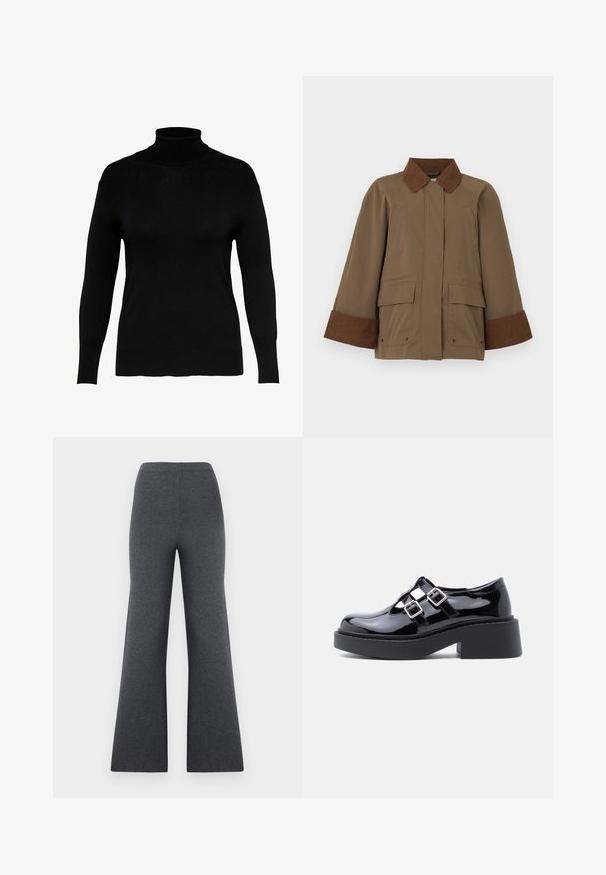 Chaqueta marrón con cuello y puños de pana, bolsillos delanteros y diseño de corte recto. Hecha de tela texturizada, con apertura frontal.; Suéter negro de cuello alto confeccionado en suave tejido de punto, con mangas largas y forma ajustada, que presenta una textura lisa y un diseño minimalista.; Pantalones de punto gris oscuro, de cintura alta y pierna ancha, con una textura suave, mostrados sobre un fondo blanco.; Zapatos de plataforma de charol negro con tacón ancho, diseño recortado y dos hebillas plateadas a lo largo del empeine. Suela plana de goma.