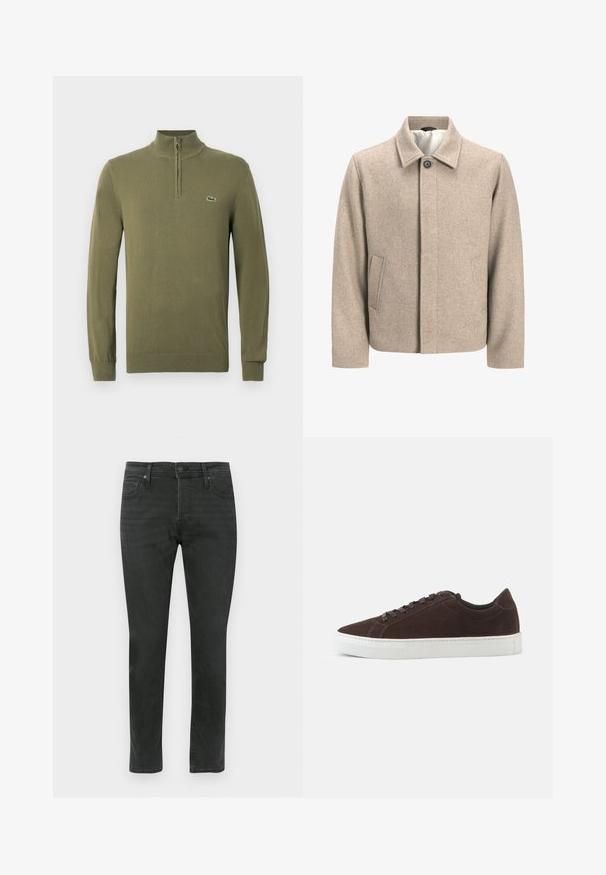 Beige uldjakke med en enkelt sort knap ved kraven, skjult frontlukning og skrå sidelommer, foret med let stof.; Olivegrøn langærmet sweater med kvart lynlås krave og lille krokodille logo på venstre bryst.; Mørkegrå denim jeans med en slim fit-design, fem-lomme-stil og knaplukning. Glat tekstur med mild fading.; Mørkebrune ruskind lave sneakers med matchende snørebånd og tyk hvid gummisål, vist fra siden på en ensfarvet baggrund.