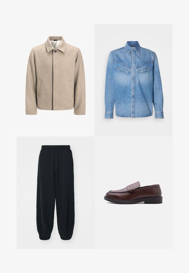 Beige uldjakke med en enkelt sort knap ved kraven, skjult frontlukning og skrå sidelommer, foret med let stof.; LYSEBLÅ DENIMSKJORTE MED LANGE ÆRMER, SPIDSE KRAVE, TO BRYSTLOMMER OG KNAPLUKNING FORAN. HAR HVITE KNAPPER OG KONTRASTSYMNING.; Sorte svedbukser med elastisk talje, løs pasform, afsluttede ankler, glat tekstur og uden synlige mønstre eller hardware-detaljer.; Brun læderloafer med sort sål og syninger vist i sideprofil mod hvid baggrund.