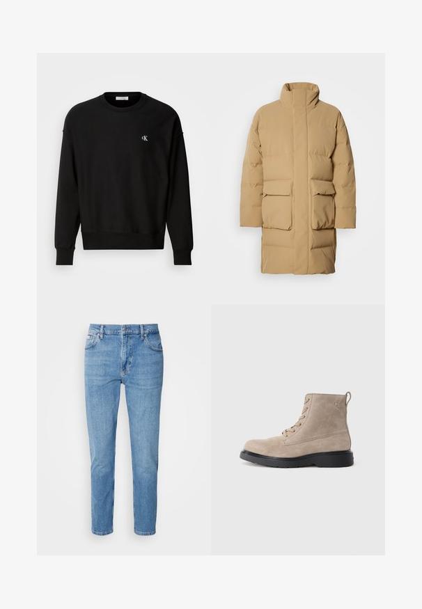 Beige puffertakki korkealla kauluksella, jossa on kaksi etupussitaskua ja sileä kangas. Ominaisuudet suora leikkaus ja minimalistinen muotoilu.; Musta huppari puuvillasekoitteesta, jossa on pyöreä pääntie, pudotetut hartiat ja pieni valkoinen 'CK' logo rinnassa.; Vaaleansiniset farkut suoran leikkauksen, viiden taskun muotoilun ja hienovaraisen haalistumisen kanssa. Varustettu napilla sulkeutuvalla vyötäröllä ja vyölenkeillä.; Beige nubuk nilon saapikkaat mustalla kumipohjalla, nauhaliitosmuotoilu ja pieni logo painettuna sivulle, takana vetotappi.