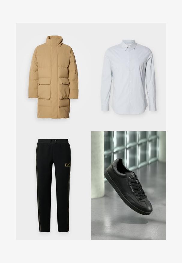 Beige puffertakki korkealla kauluksella, jossa on kaksi etupussitaskua ja sileä kangas. Ominaisuudet suora leikkaus ja minimalistinen muotoilu.; Vaaleansininen raitainen pitkähihainen puuvillapaita. Siinä on klassinen kaulus, nappikiinnitys edessä ja säädettävät kalvosimet. Rinnassa hillitty logo.; Mustat collegehousut, joissa on kapeneva muotoilu, joustava vyötärö nauhalla, ja kultaiset korostusraidat sivuilla ja logossa.; Musta nahkainen lenkkarit, joissa on teksturoidu pinta, tasaiset nauhat, pyöreä kärki ja kumipohja. Sivussa logo-detalji.