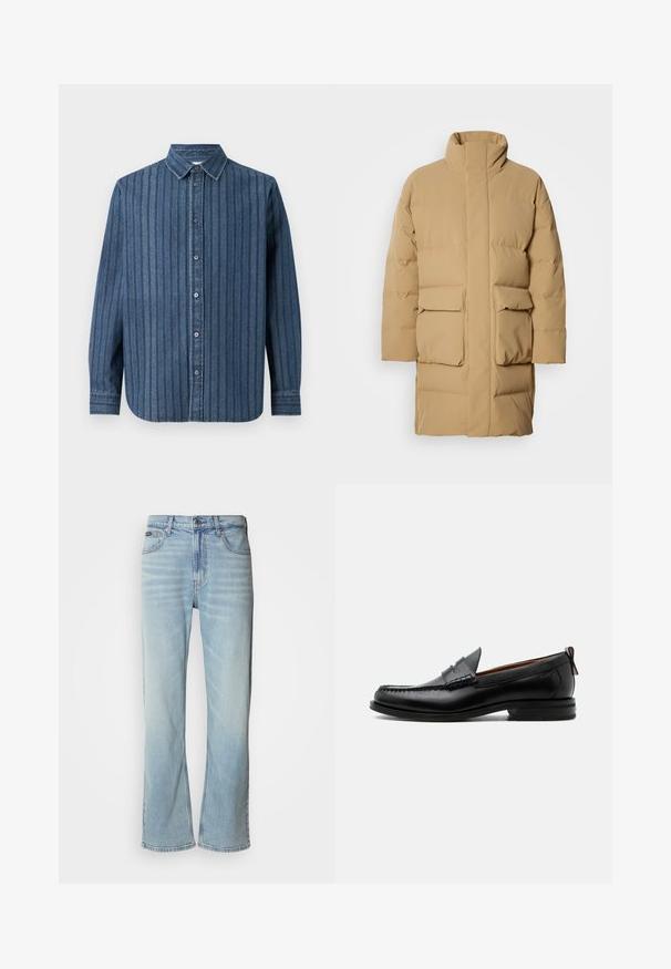 Beige Pufferjacke mit hohem Kragen, zwei vorderen aufgesetzten Taschen und glatter Stoffstruktur. Verfügt über einen geraden Schnitt und minimalistisches Design.; Samsøe Samsøe SADAMON SHIRT - Hemd - denim; Hellblaue Jeans aus Denim mit geradem Bein, ausgestattet mit fünf Taschen, einem Knopfverschluss und subtilen Verwaschungen im Stoff.; Schwarzer Leder-Herrenschuh mit Mokassinnaht, Penny-Riemen, strukturiertem Kragen und niedrigem gestapeltem Absatz auf weißem Hintergrund.