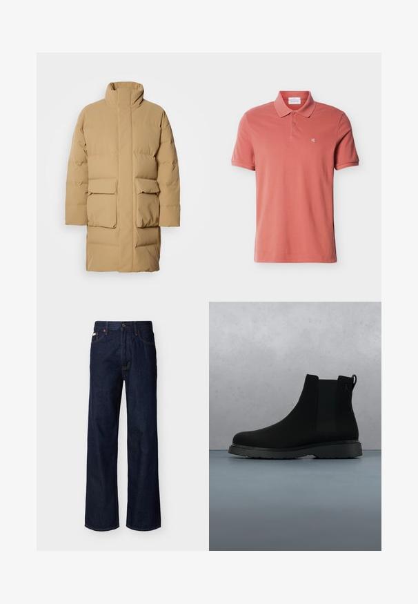 Beige Pufferjacke mit hohem Kragen, zwei vorderen aufgesetzten Taschen und glatter Stoffstruktur. Verfügt über einen geraden Schnitt und minimalistisches Design.; Herren-Poloshirt in kurzem Ärmel und staubigem Rosaton mit zwei Knöpfen und kleinem weißem "cK"-Logo auf der linken Brust.; Dunkelblaue Jeans mit geradem Bein, Fünf-Taschen-Design und Knopfverschluss, auf hellem einfarbigem Hintergrund präsentiert.; Schwarze Knöchelstiefel aus glattem Material mit subtilen Nähten, einer Gummisohle und einem eleganten Design, platziert auf einer Oberfläche mit Holzstruktur.