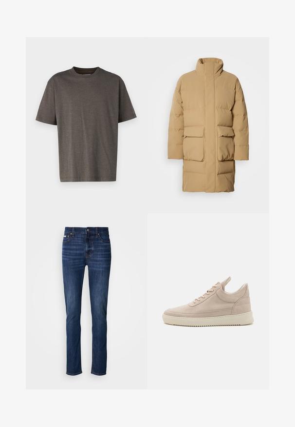Bežová nafukovačka s vysokým golierom, dvoma prednými vreckami a hladkou textúrou látky. Má rovný strih a minimalistický design.; Krátky rukáv T-shirt v tmavosivej farbe s textúrovaným, rebrovaným vzorom. Kolo výstrih a uvoľnený strih, vyrobený z mäkkej bavlny.; Tmavomodré rifle z denimu so strihom na priamy strih, s piatimi vreckami, zapínaním na gombíky a viditeľným prešitím pozdĺž švov.; Béžové semišové tenisky s okrúhlym špičkou, bielou podrážkou a plochými šnúrkami. Obsahujú pútko na päte a textúrované bočné panely.