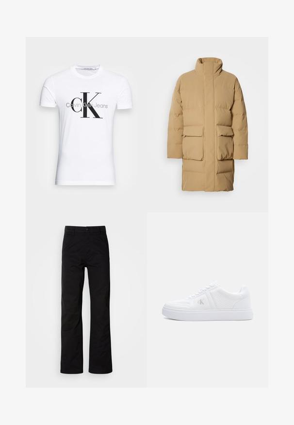 Beige pufferjas met hoge kraag, twee voorzakken en een gladde stofstructuur. Heeft een rechte snit en een minimalistisch ontwerp.; Wit T-shirt met korte mouwen met een groot zwart "cK" en grijs "Calvin Klein Jeans" tekstlogo aan de voorkant.; Zwarte katoenen broek met een recht design, voorzien van een knoopsluiting en riemlussen. Gladde textuur en minimalistische stijl zonder zichtbare patronen.; Witte lage sneaker met gestructureerde stof, vetersluiting, platte zool en een subtiel "cK"-logo op het zijpaneel.