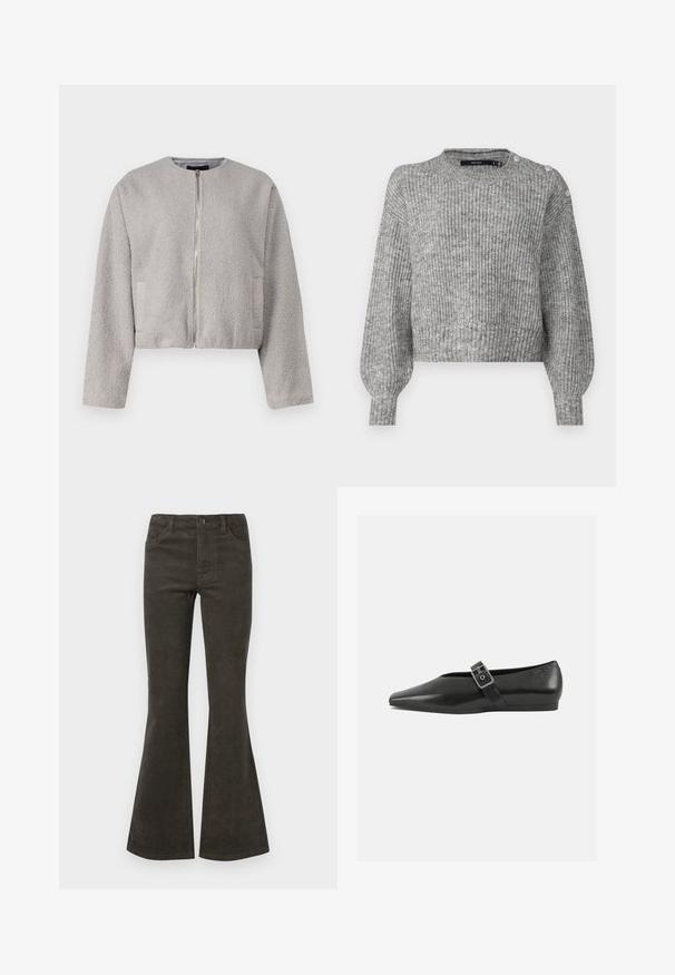 Veste grise courte en tissu doux et texturé, avec un col rond, une fermeture éclair à l'avant et deux poches latérales.; Vero Moda VMMEILANI O NECK PULLOVER - Pullover - medium grey; Pantalons en velours côtelé évasés de couleur vert olive foncé, dotés d'une fermeture à bouton et zip, de cinq poches et d'une texture nervurée subtile.; Chaussure plate en cuir noir avec un orteil pointu, présentant une sangle à boucle métallique sur le cou-de-pied et une semelle basse et flexible.