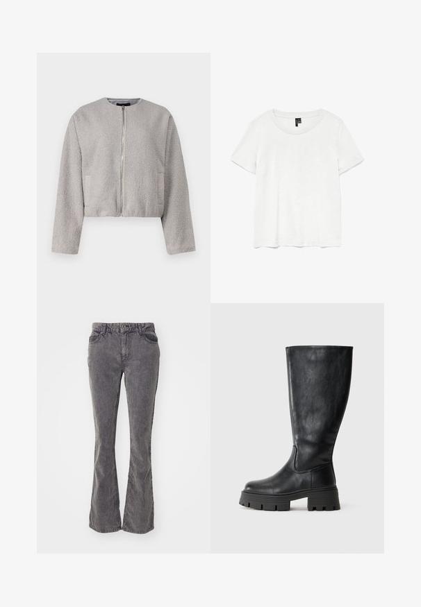 Graue, kurze Jacke aus weichem, strukturiertem Stoff mit Rundhalsausschnitt, Frontreißverschluss und zwei seitlichen Taschen.; Weißes T-Shirt mit kurzen Ärmeln und rundem Ausschnitt, hergestellt aus leichtem Stoff. Schlichtes Design, glatte Textur und gerader Saum.; Graue Schlagjeans aus Denim, mit klassischem Fünf-Taschen-Design, Verwaschungen und einem Knopf- und Reißverschluss am Bund.; Schwarze kniehohe Stiefel aus glattem Leder mit einer dicken, strukturierten Sohle und dezenten Nahtdetails an der Außenseite.