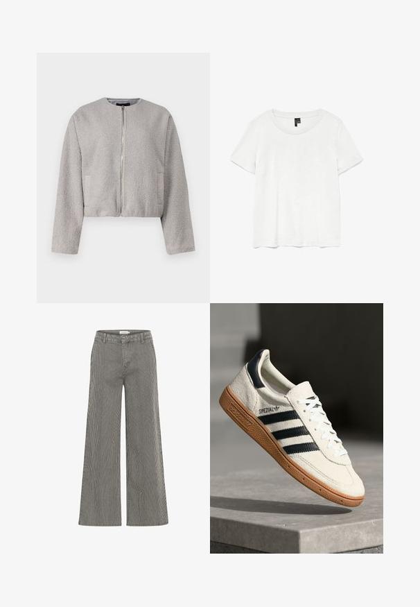 Veste grise courte en tissu doux et texturé, avec un col rond, une fermeture éclair à l'avant et deux poches latérales.; T-shirt blanc à manches courtes avec un col rond, fabriqué en tissu léger. Design simple, texture lisse et ourlet droit.; Pantalons large à rayures noires et blanches avec une taille haute, présentant des passants de ceinture et une texture lisse. Convient pour une tenue décontractée ou formelle.; Baskets en daim blanc avec des bandes navy, semelle en caoutchouc gomme, tige texturée, bout rond et lacets ; arbore un logo sur le côté et sur la languette.