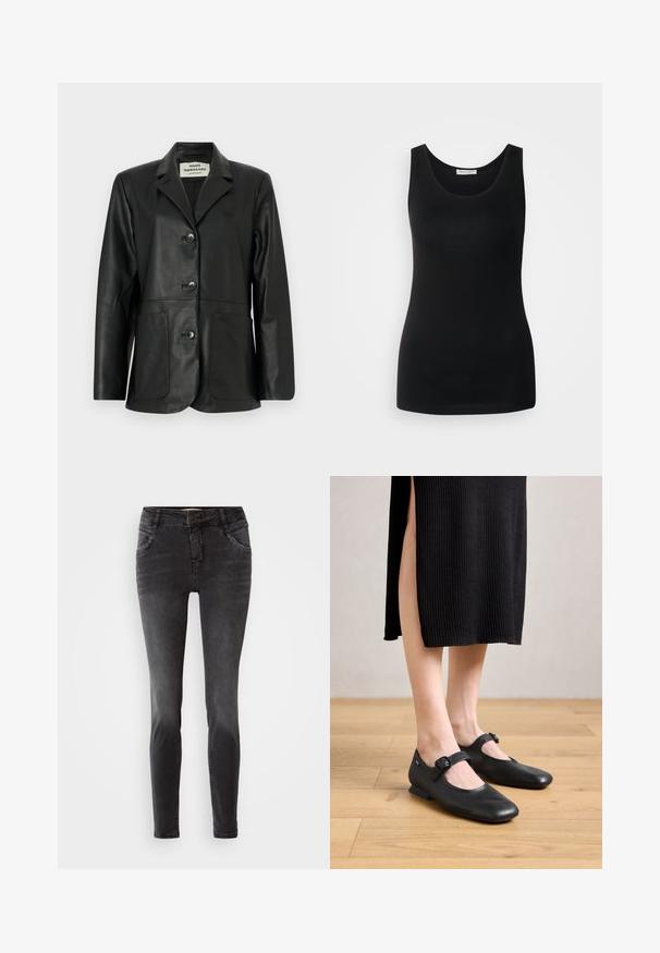 Zwarte leren blazer met ingesneden revers, drie knopen aan de voorkant, twee grote zakken aan de voorkant en lange mouwen, gelabeld Mads Nørgaard Copenhagen.; Zwarte mouwloze tanktop, gemaakt van gladde stof, heeft een klassieke ronde halslijn en een getailleerd ontwerp. Geen patronen of accenten.; Zwarte skinny jeans van denim, met een frontale knoopsluiting, gestudeerde details op de zakken en een gladde textuur.; Zwarte leren Mary Jane ballerina's met een klein hakje, met een ronde neus en een zijgesp. Het textuurontwerp verhoogt de visuele aantrekkingskracht.